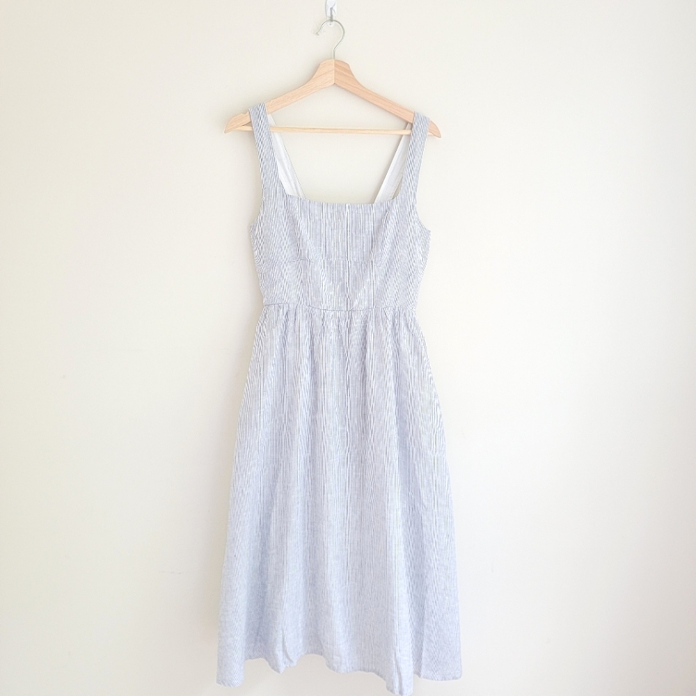 NWT Quince 100% European Linen Fit & Flare Midi Dress, blue pinstripe, M
